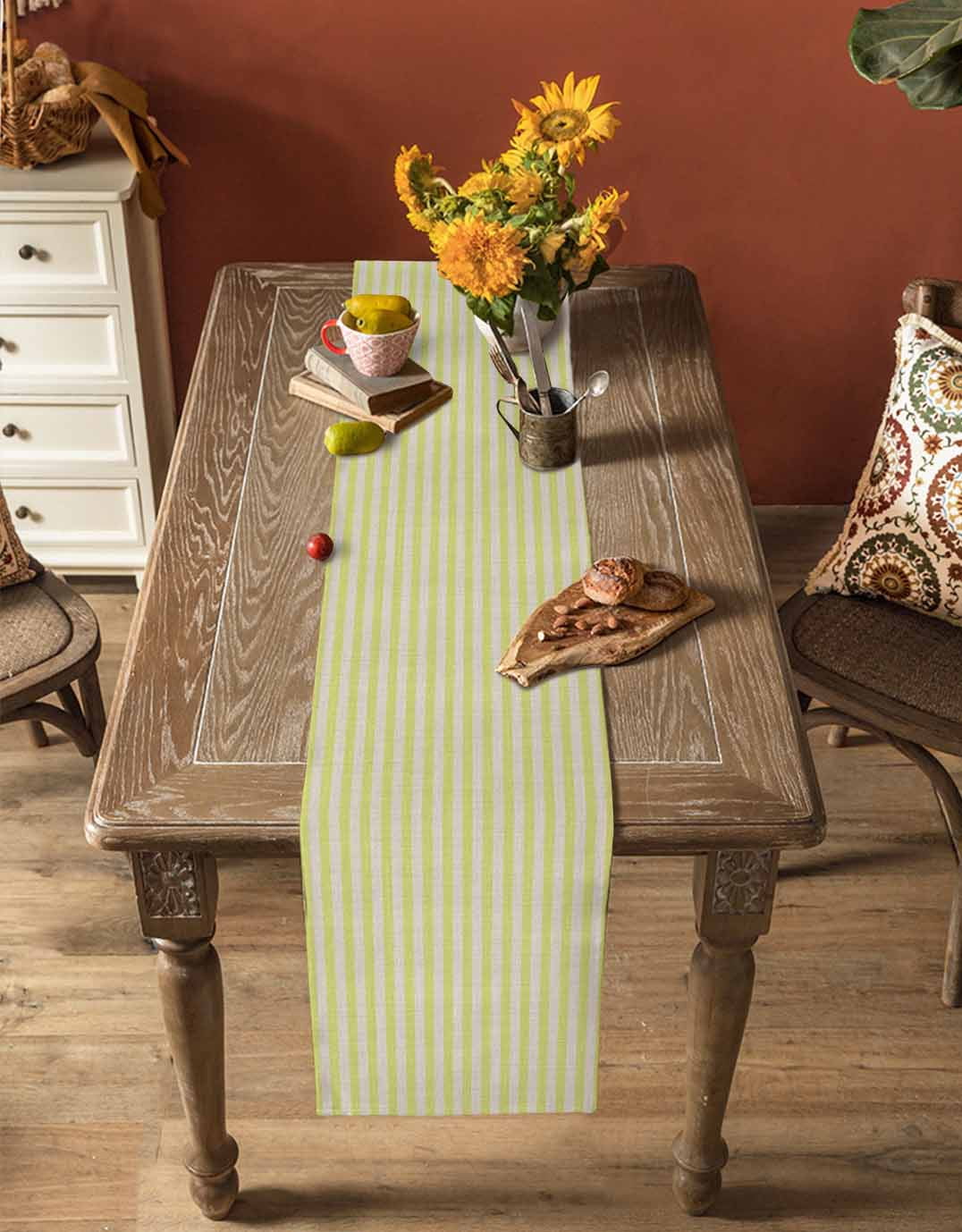 Yellow Striped Table Runner 70 Inches, Modern Simple Farmhouse Beige Vintage Bed Runner Dresser Scarves Tabletop for Indoor Outdoor Parties/Ceremony/Banquet, 13" x 70"