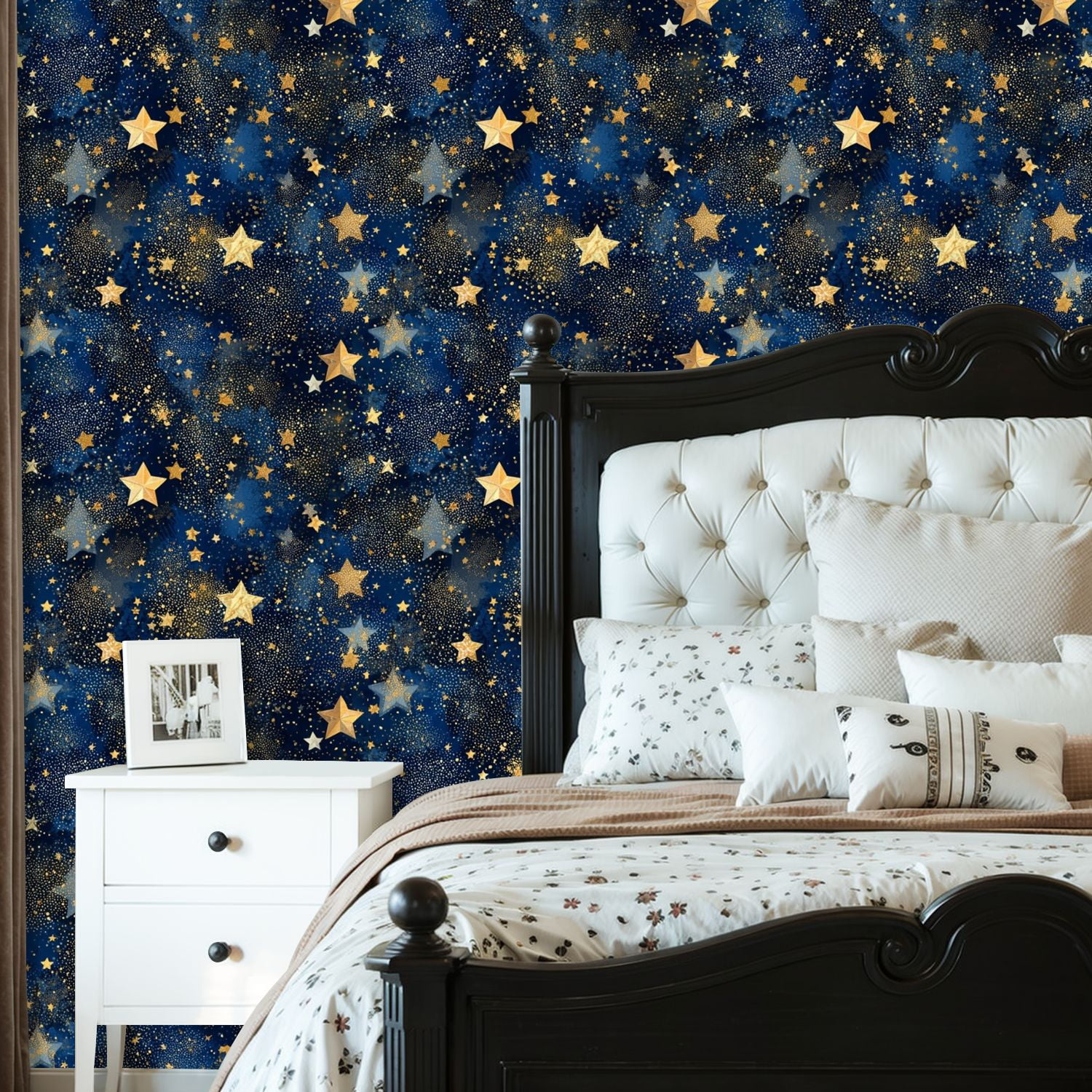 Peel and Stick Wallpaper 23.6in x 9.8ft Golden Stars Deep Blue Night Sky Sparkles Dots Contact Paper Vinyl Self-Adhesive Removable Wall Paper for Bedroom Kitchen Cabinet Décor Renter Friendly