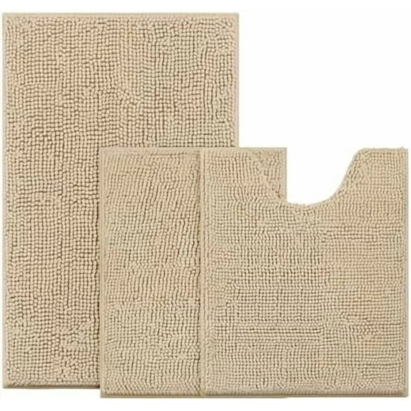 Beige Bathroom Rugs Sets 3 Piece Non Slip Extra Absorbent Plush Chenille Soft Washable Bath Mats