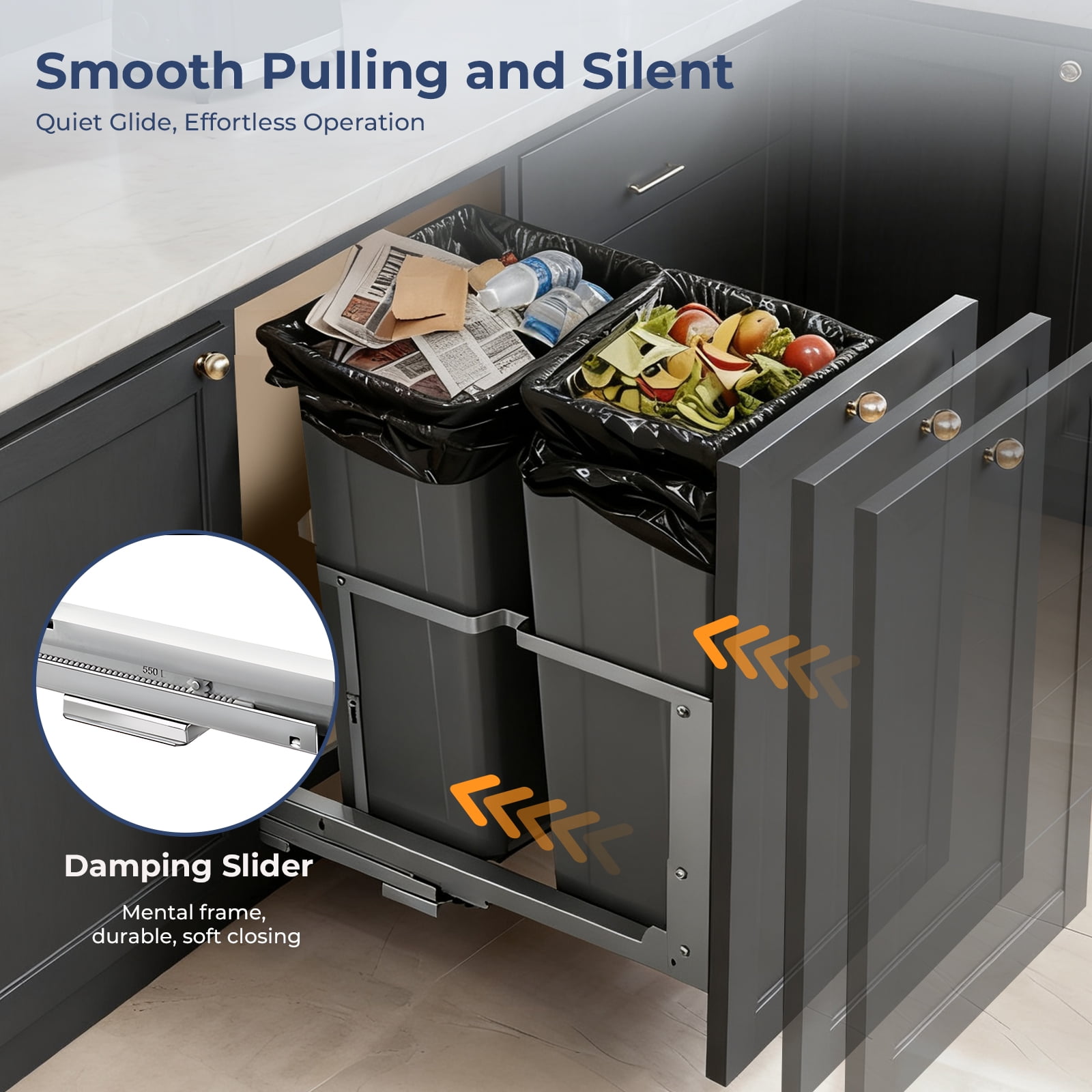 FOHERE Pullout Trash Cans for Under Kitchen Cabinets, 35*2 Quart with Soft-Close Slides, Heavy Duty Garbage Recycling Bin for Kitchen Cabinet