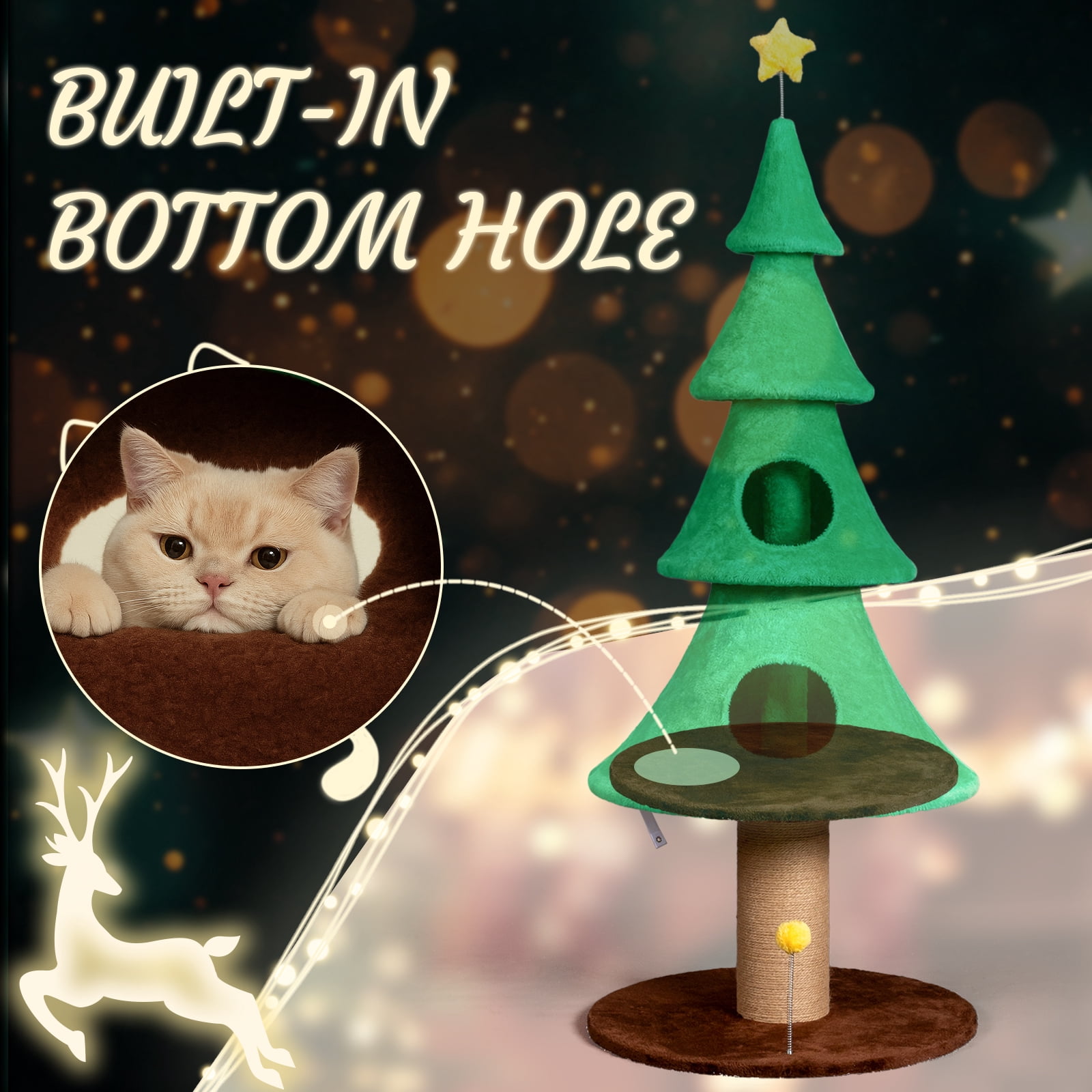 Ktaxon 59in Large Christmas Tree Cat Tower with 2 Condos, Scratching Post, Soft Fleece, Teaser Toy & Sturdy Base, Green