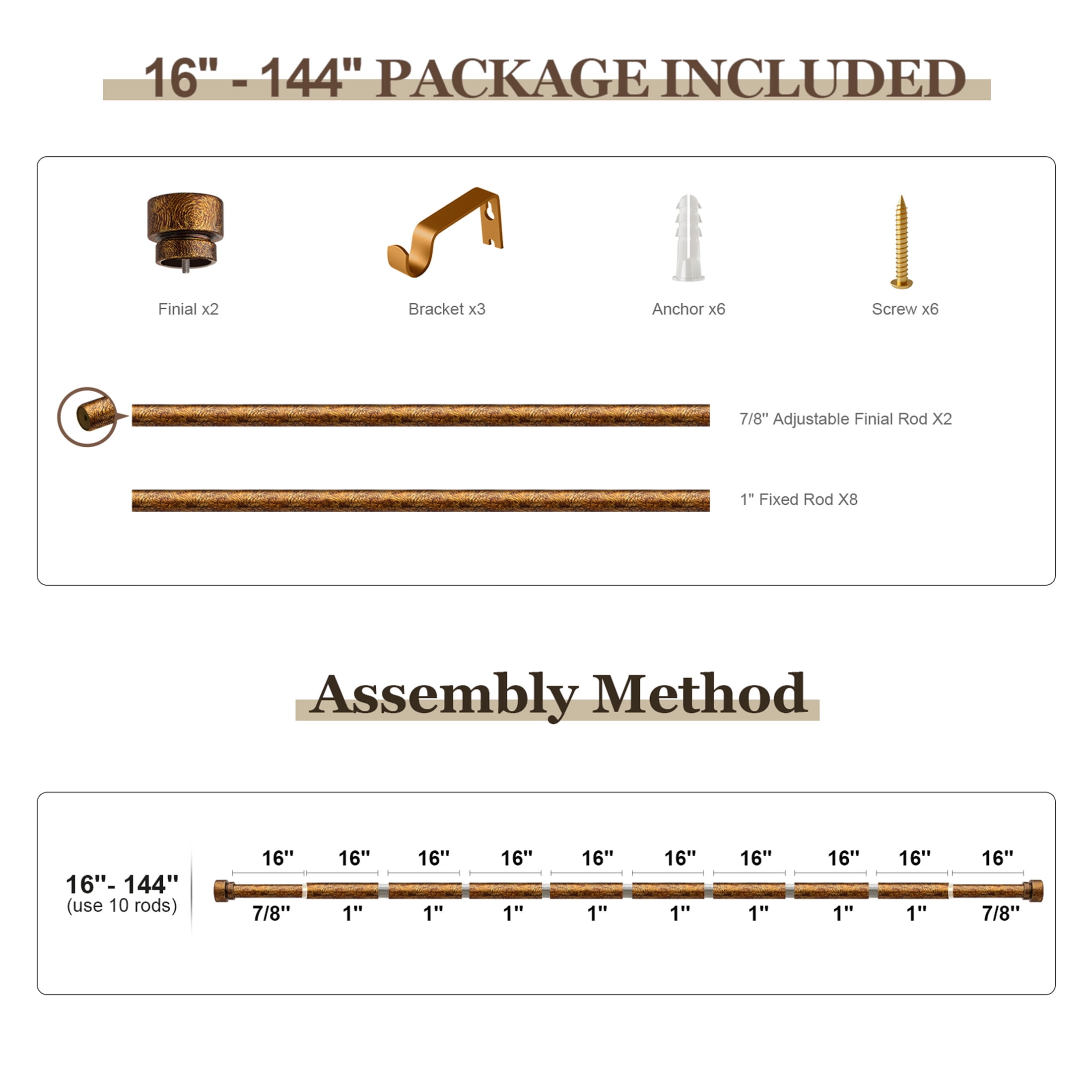 Yokila Vintage Gold Curtain Rod for Windows 16 to 144 Inches 1" Diameter Decorative Heavy Duty Window Curtain Rod Adjustable with Solid Finials for Bedroom Living Room Kitchen Farmhouse Outdoor