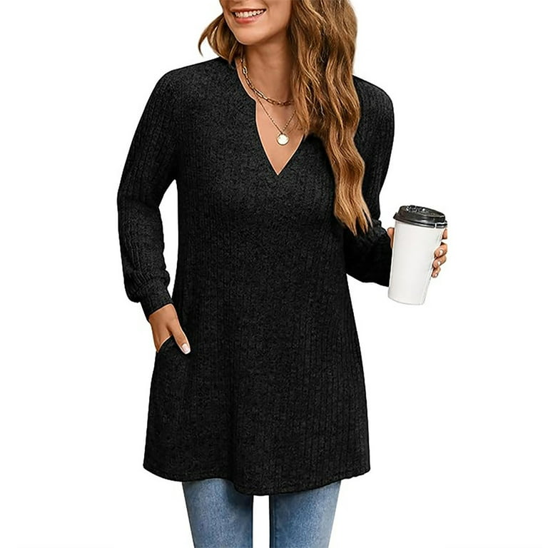 Trendy Ribbed Long Tunic Tops to wear with Leggings Jeans, Womens