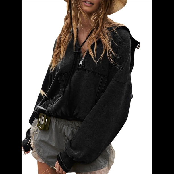 Sudadera con Capucha y Media Cremallera para Mujer, Informal, de Larga, Corta, con Cremallera de un Cuarto. Negro M