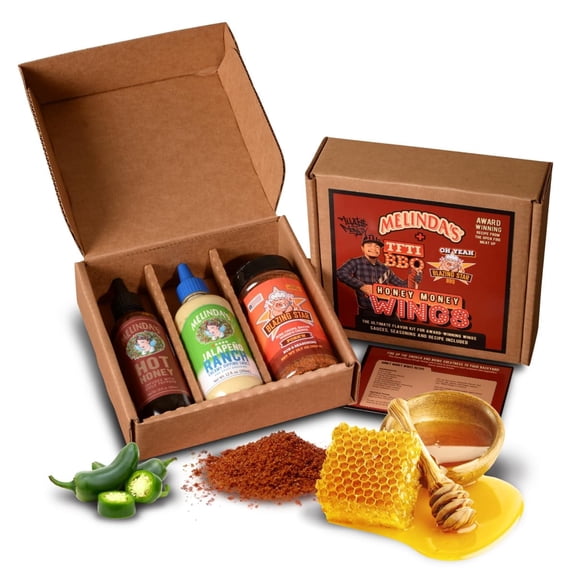 Melinda’s Honey Money Wings Recipe Kit - 3 Pack   Recipe - 2024 Open Fire Meat Up Award Winning Kit from Tony "Tone" Ramirez Includes Hot Honey, Jalapeño Ranch & Blazing Star BBQ Pork’n Rub