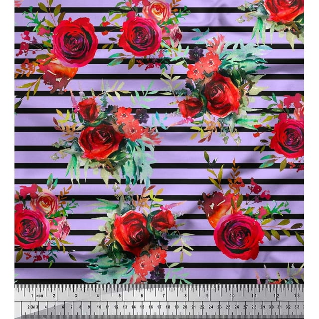 Soimoi Tissu en Coton Cambric Imprimé Feuilles & Roses au Mètre 42 Pouces de Large