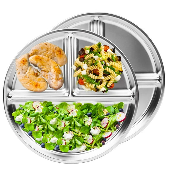 MODANU 2 Pcs Stainless Steel Plates for Kids, 7.87 inch 3 Section Round Divided Plates Portion Control Plates Partition Plate for Camping, Picnic, Home