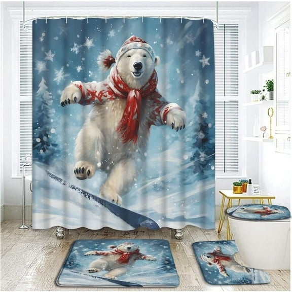 4 Piece Polar Bear Shower Curtain Set with Rugs, Toilet Lid Cover ,Winter Forest Funny Bear with Xmas Hat Scarf Ice Skating Snowflakes Winter Holiday Cartoon Animal Bathroom Shower Curtain with Hooks