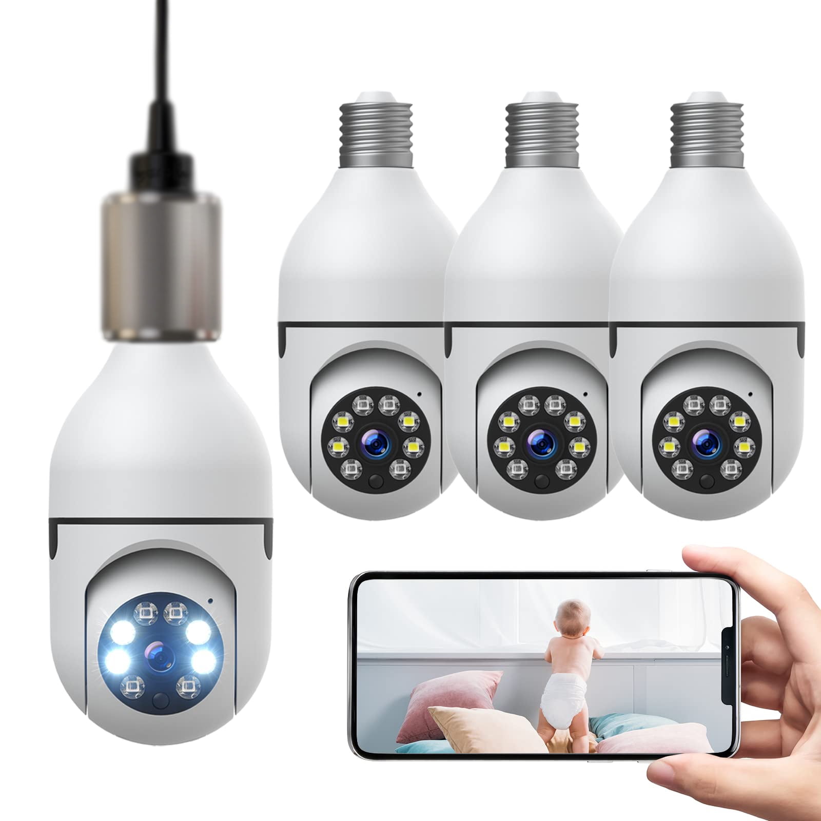 4Pcs E27 Light Bulb Camera WiFi Outdoor Indoor 1080p 360 Degree