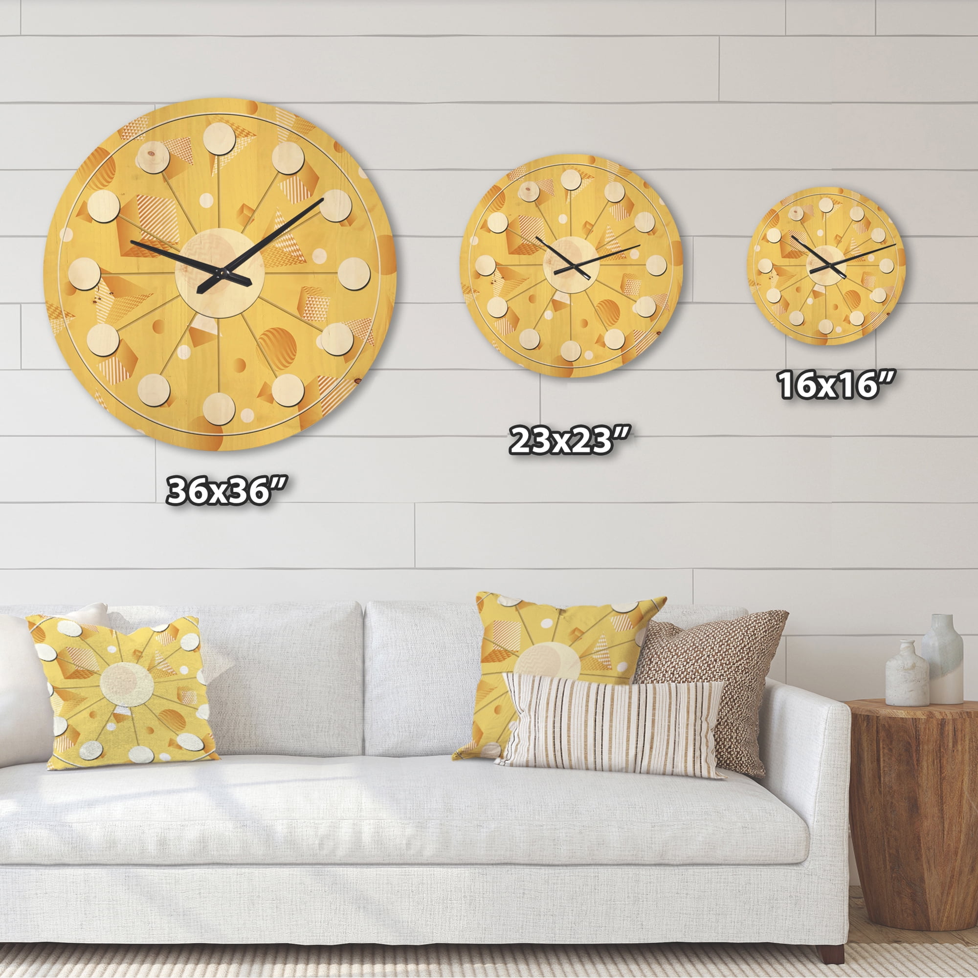 Designart 'Yellow Minimal Geometrical Shapes' Mid-Century Modern Wood Wall Clock