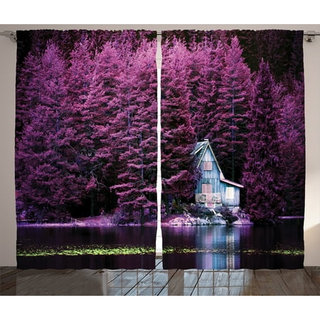 Purple Curtains 108 Inch Drop Lavender Curtains 2 Panels Set, Purple Trees by a Lake with Blue Wooden Rustic Lakehouse Lodge Romantic Spring Nature, Window Drapes for Living Room Bedroom, 108W X 90L Inches, Purple, by Ambesonne ()