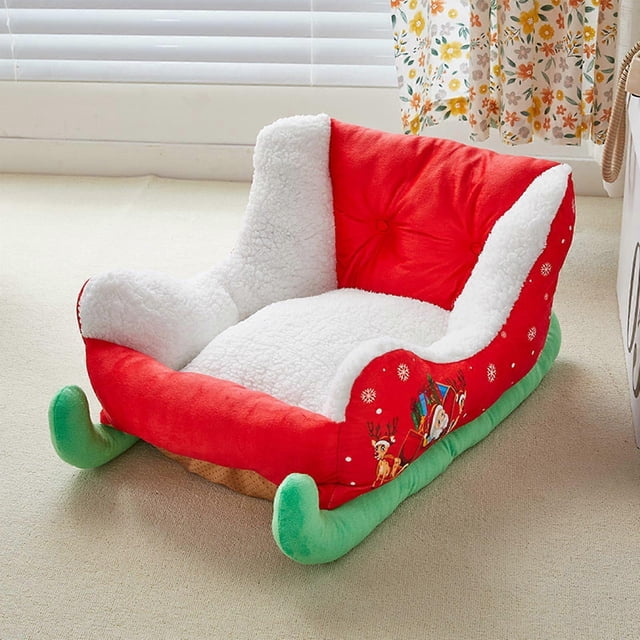 Christmas Sleigh Dog Bed, Red Christmas Cat Bed, Soft Plush Pet Bed