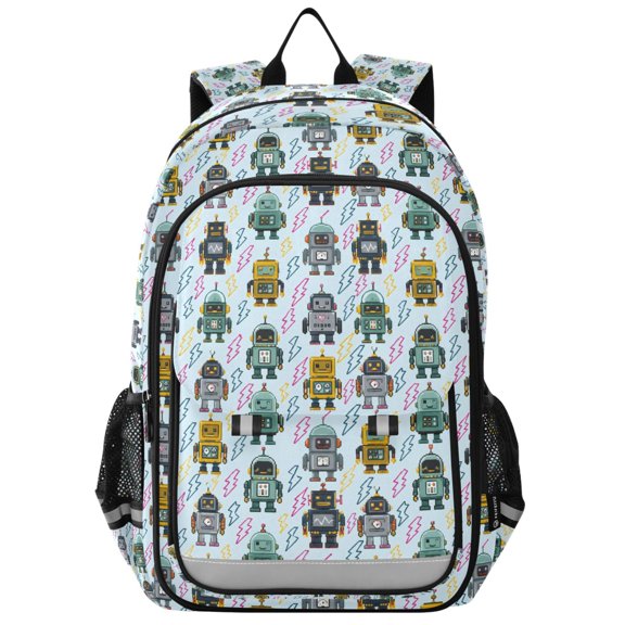 FORMRS Kids Backpack for School Unisex 17" Casual Bookbag Travel Daypack with Compartment Pockets, Blue Cartoon Robot Pattern