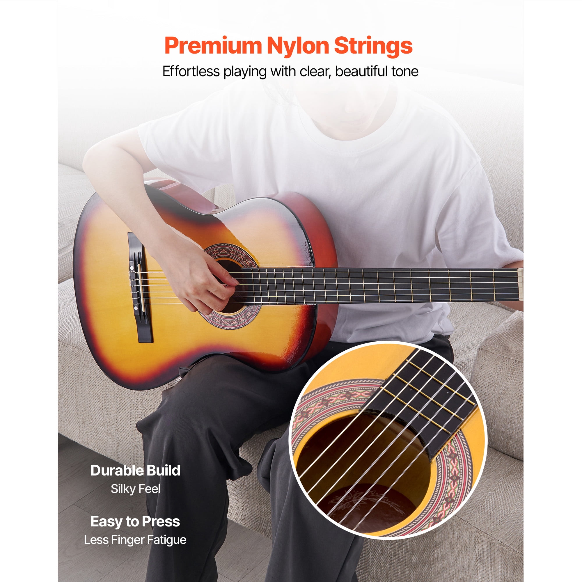 KFFKFF 38-Inch Classical Guitar Starter Set, Wooden Acoustic Guitar with Nylon Strings, Gig Bag, Strap, Tuner, Extra Strings, Picks, and Capo, Ideal for Beginners, Teens, Adults, and Students