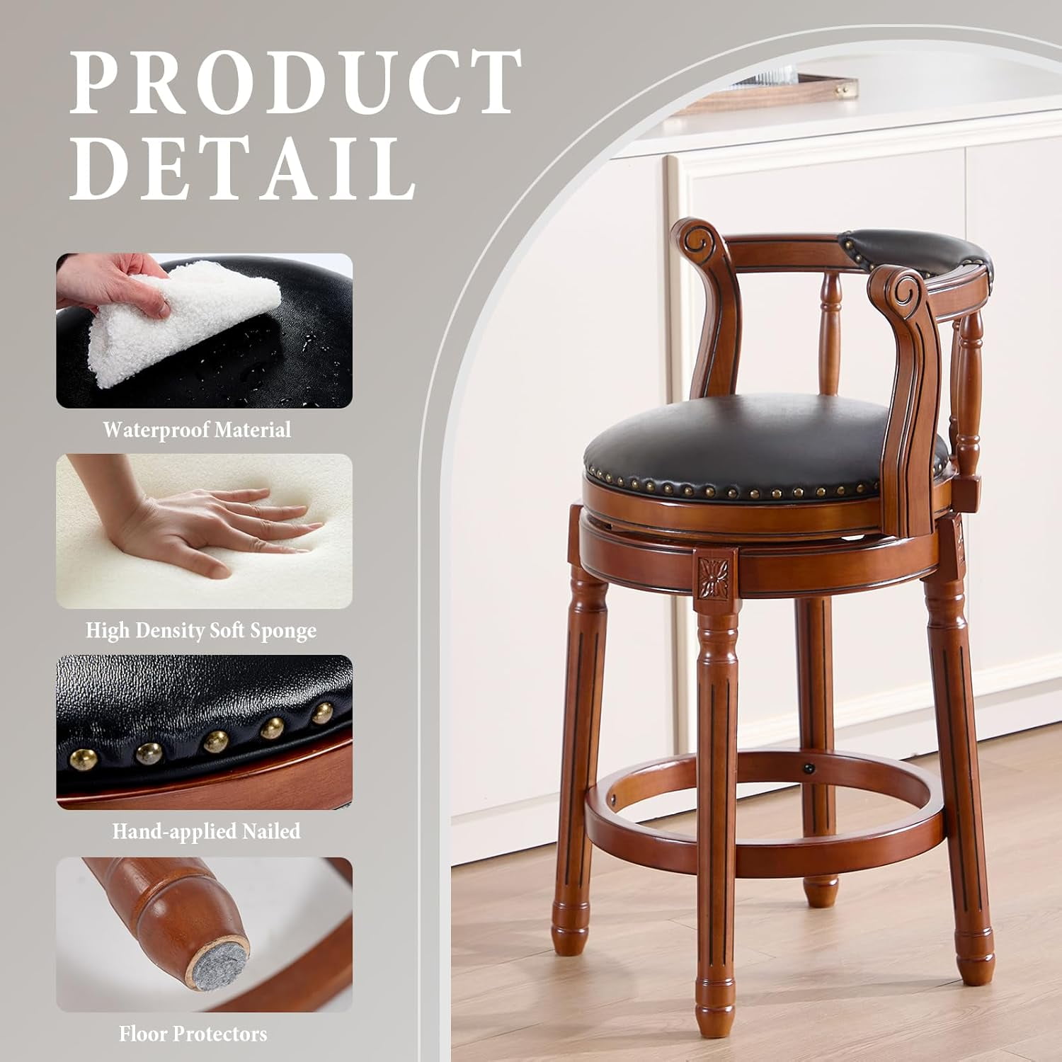 Aulife Bar Stools Genuine Leather Counter Height barstool Wooden Swivel kitchen Stool with Footrest for Kitchen Dining Room