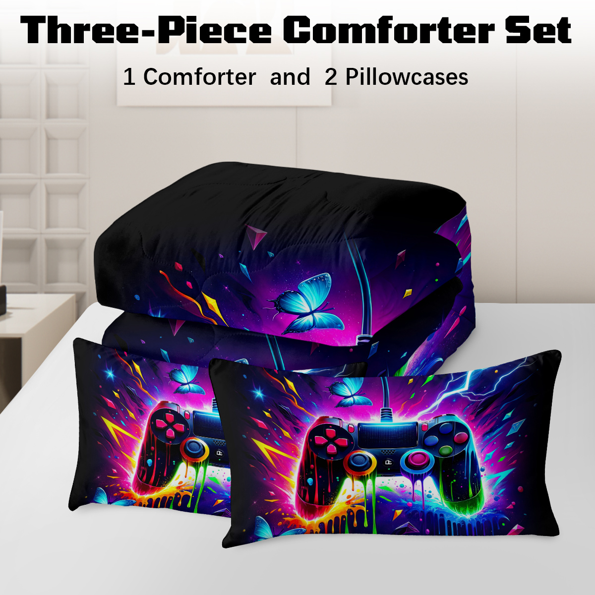 BlessLiving 3Pcs Game Controller Comforter Set Queen Size Gaming Bedding Set for Kids Boys Gamer, Multicolor