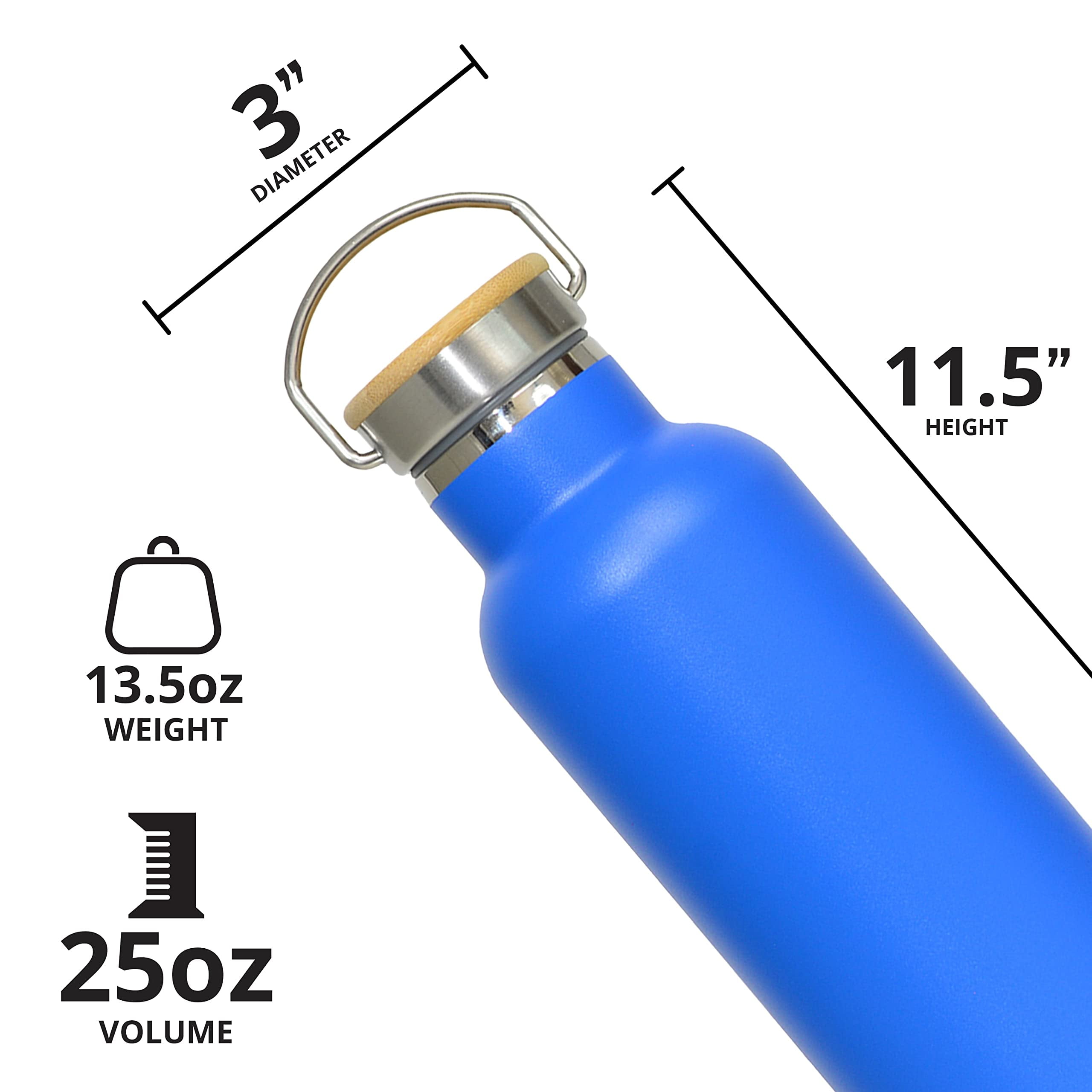 Elemental Classic Insulated Water Bottle, Leak Proof Thermos Water Bottle with Bamboo Lid and Metal Ring, Reusable Insulated Stainless Steel Water Bottle, 25oz - Azure