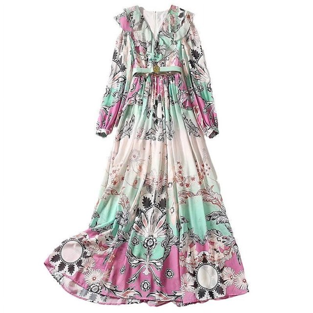 Robe Longue Décontractée Bohème Imprimée Aguichant Plissée de Haute Qualité Printemps Automne pour Femmes - multi / TG