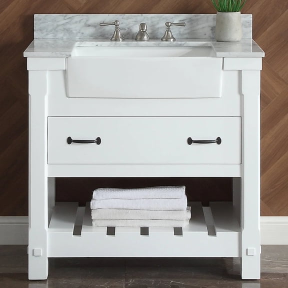 Farmington 36" Single Bathroom Vanity, 37Wx22Dx34.5H, Carrara Marble Top with 24" Wide Apron-Front Sink & Backsplash, Dove White Solid Wood Cabinet, Pre-Assembled, Soft-Closing Drawer, Open Shelf