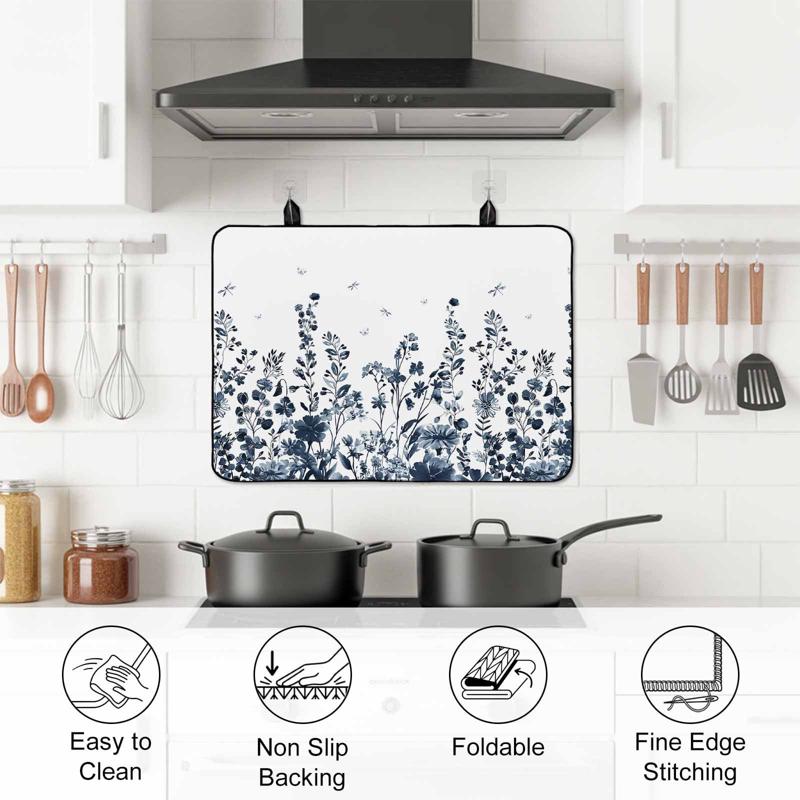 Blue Botanical Stove Top Cover for Electric Stove, Heat-proof & Non Slip Glass Top Stove Cover Protector, Dragonfly Flower Leaf Retro Ink Style Kitchen Flat Cooktop Rubber Mat 24x21 Inches