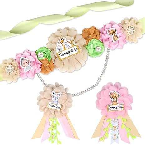 Jungle Safari Baby Shower Sash Girl - Safari Animal Maternity Sash Belt for Baby Shower, Badge Corsage for Safari Animal Baby Shower Decorations