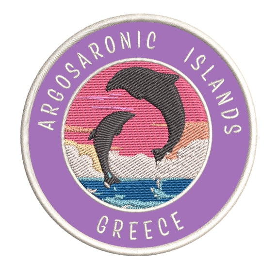 Argosaronic Islands, Greece Dolphin Sunset 3.5 Inch Iron Or Sew On Embroidered Fabric Badge Patch Ocean Beach, Salt Life Iconic Series