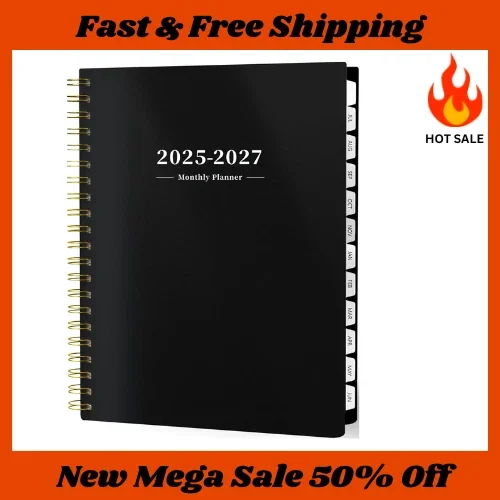 2025-2027 Monthly Planner, 8.5"X11", Black, Spiral Bound For School & Office
