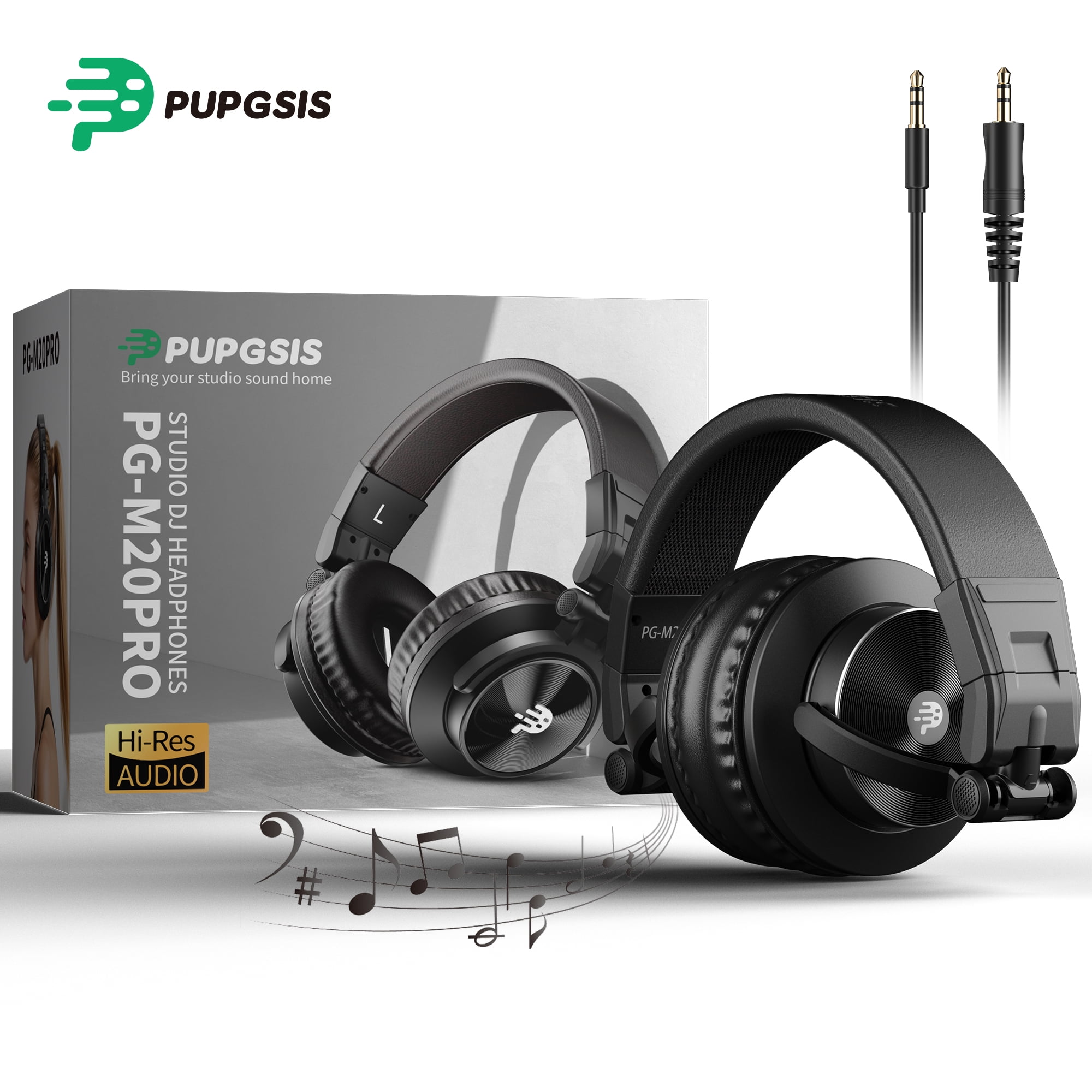 Pupgsis Wired Headphones, 40kHz High-Resolution DJ Stereo Headphones with 1/4" & 3.5mm Audio Jacks, Ideal for Recording, Mixing and Podcast Production