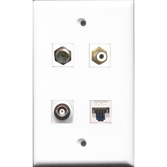RiteAV 1 Port RCA White and 1 Port Coax Cable TV- F-Type and 1 Port BNC and 1 Port Cat5e Ethernet White Wall Plate