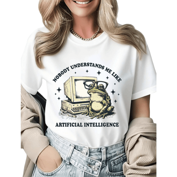Retro AI Frog & Vintage Computer Graphic Tees Womens T shirt Black/White S-5XL Casual Nerd Tops