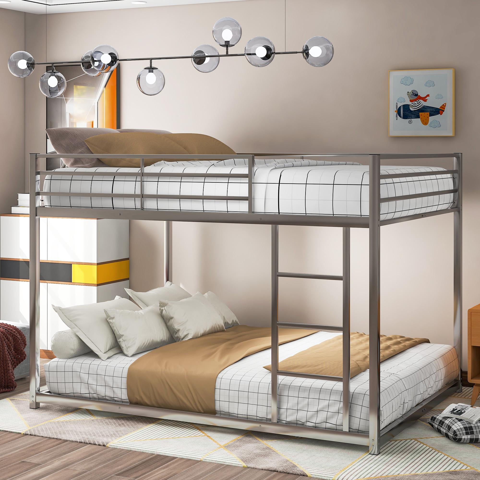 Full Over Full Low Bunk Bed for Kids, Metal Bed Frame with Ladder, Load