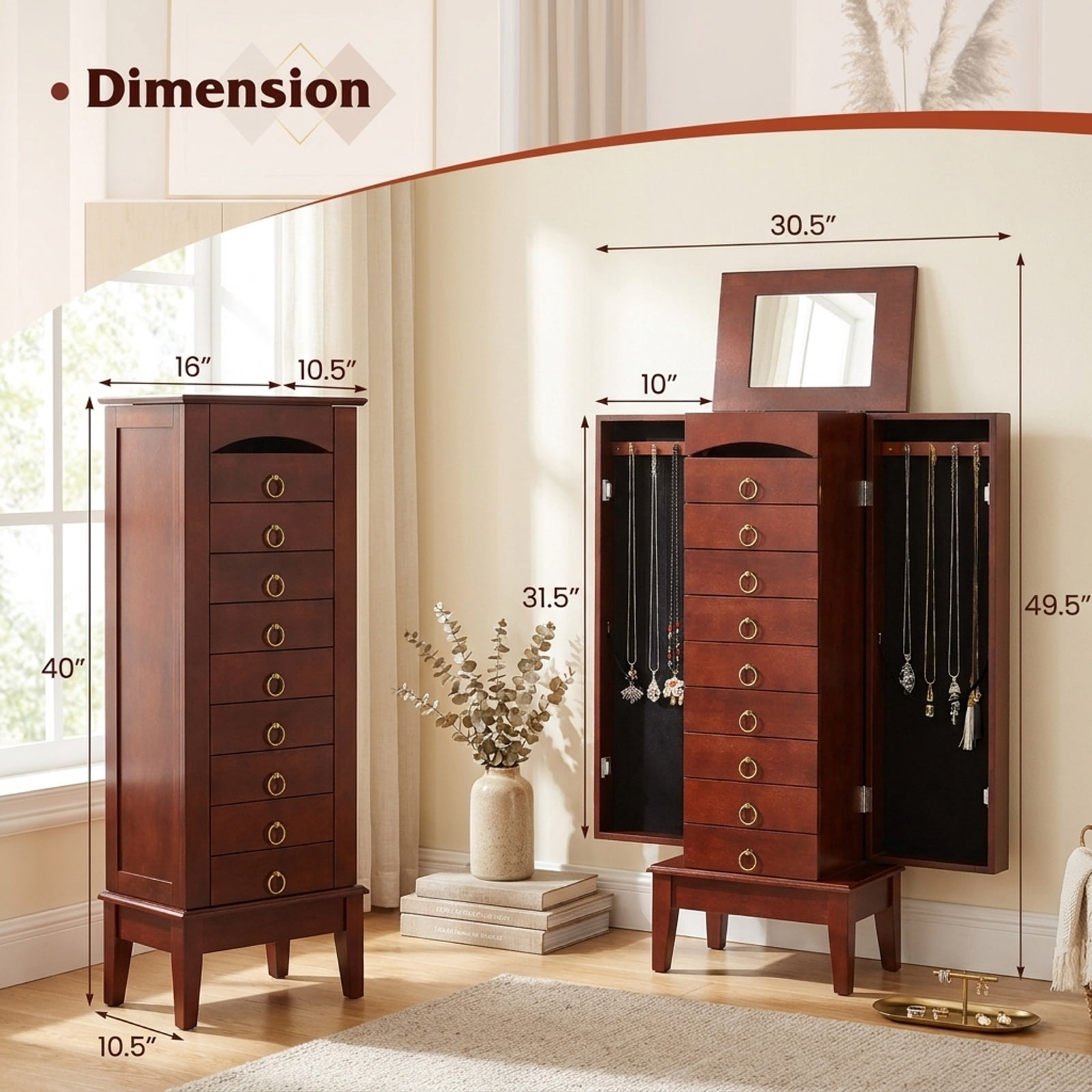 Furnibear Large Capacity Jewelry Storage Cabinet with 9 Drawers for Bedroom Dressing Room Jewelry Necklace Rings Storage Mirror, Walnut