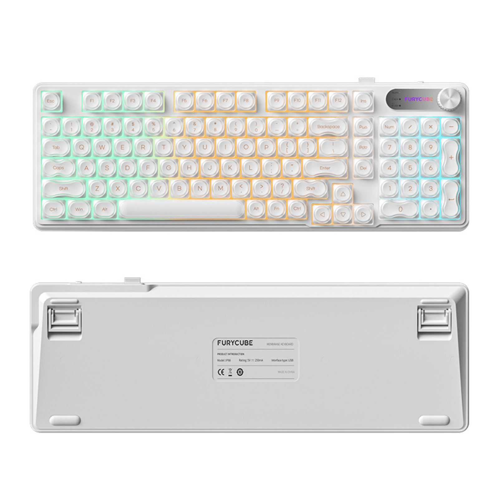 98-Key Wired RGB Membrane Keyboard with MOA PBT Keycaps, Spill-Resistant Design, Translucent Light White Aesthetic, Rotary Knob