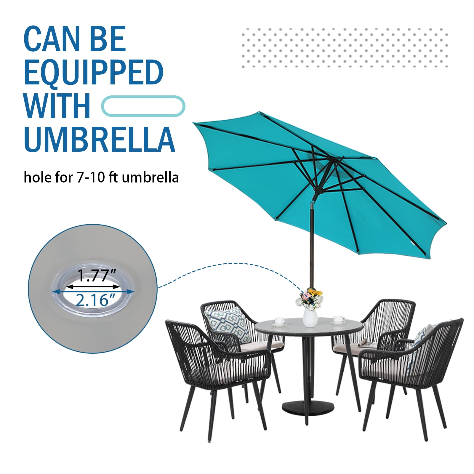 JOIVI 5-Piece Outdoor Dining Set, Wicker Patio Dining Set, Black Rattan Patio Furniture Table and Chairs Set for 4 People, with Umbrella Hole for Lawn, Backyard, Garden