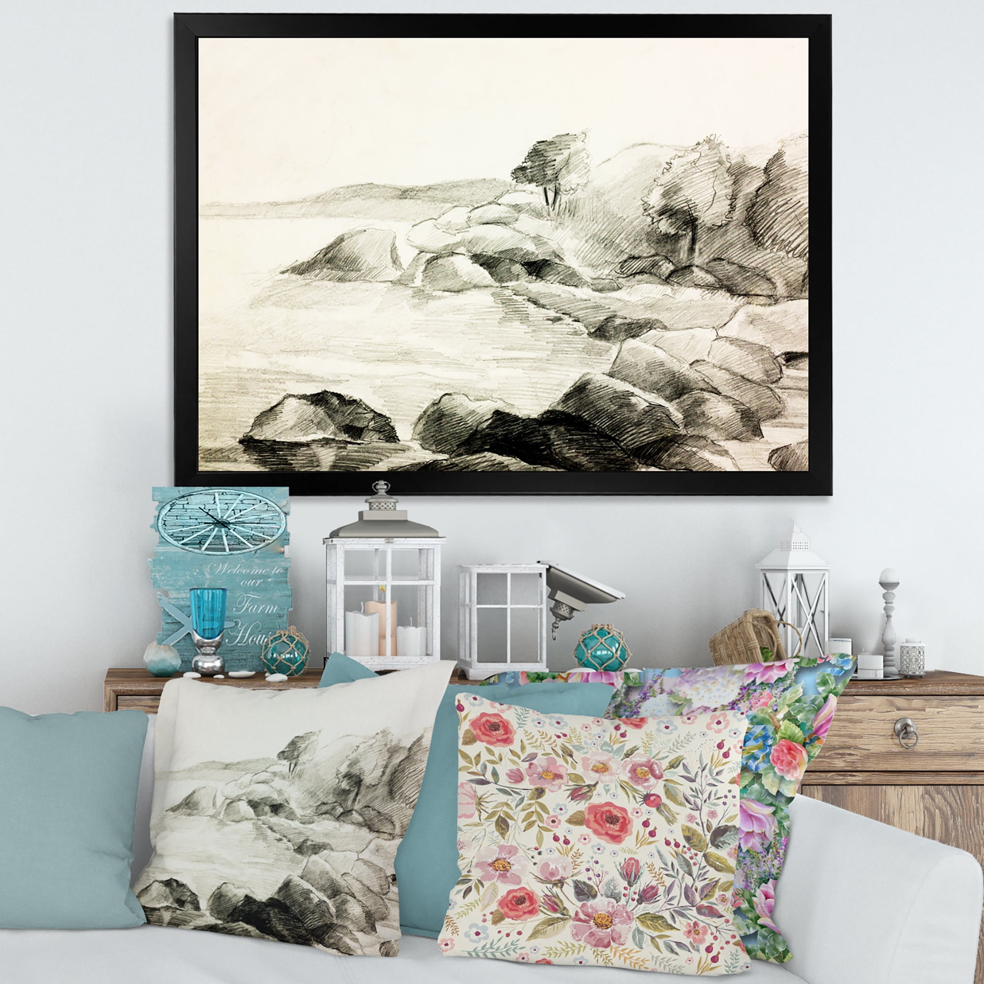 Designart 'Black and White Lake Shore' Nautical & Coastal Framed Art Print