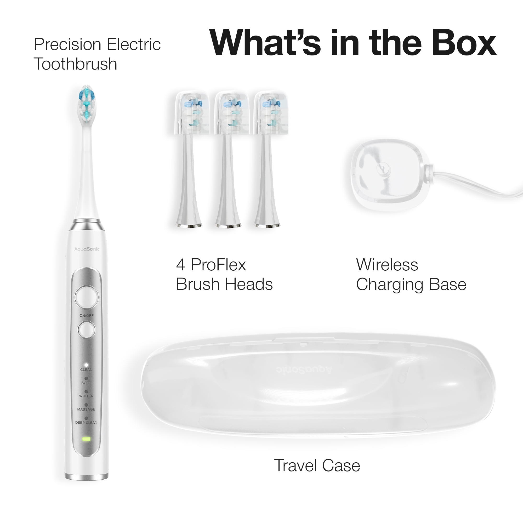 AquaSonic Precision Rechargeable Electric Toothbrush, 5 Modes, 30-Day Battery, Travel Case + 4 ProFlex Brush Heads - White