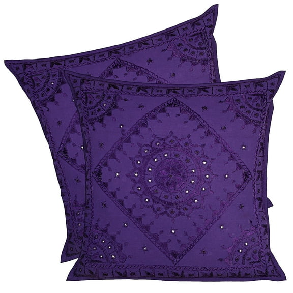 Stylo Culture Ethnic Sofa Throw Pillow Covers 24x24 Large Hand Embroidered Purple Bohemian 60x60 cm Home Decor Cotton Mirrored Square Cushion Covers | Set Of 2