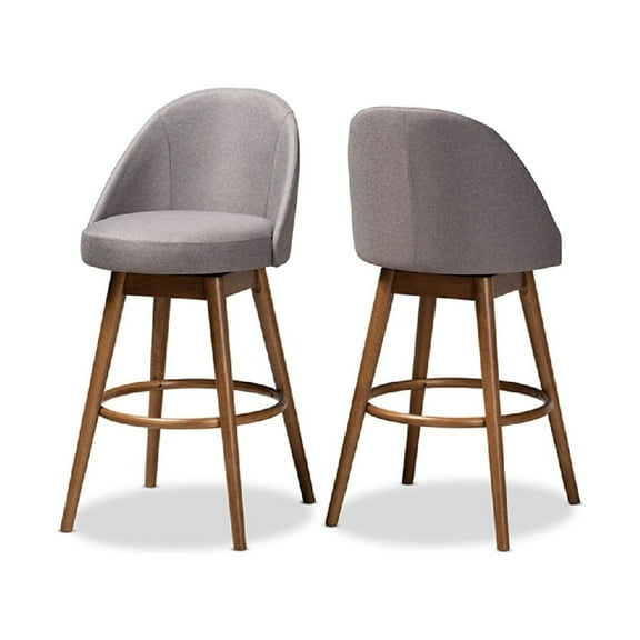 Baxton Studio Carra Mid-Century Modern Grey Fabric Upholstered Walnut-Finished Wood Swivel Bar Stool Set of 2