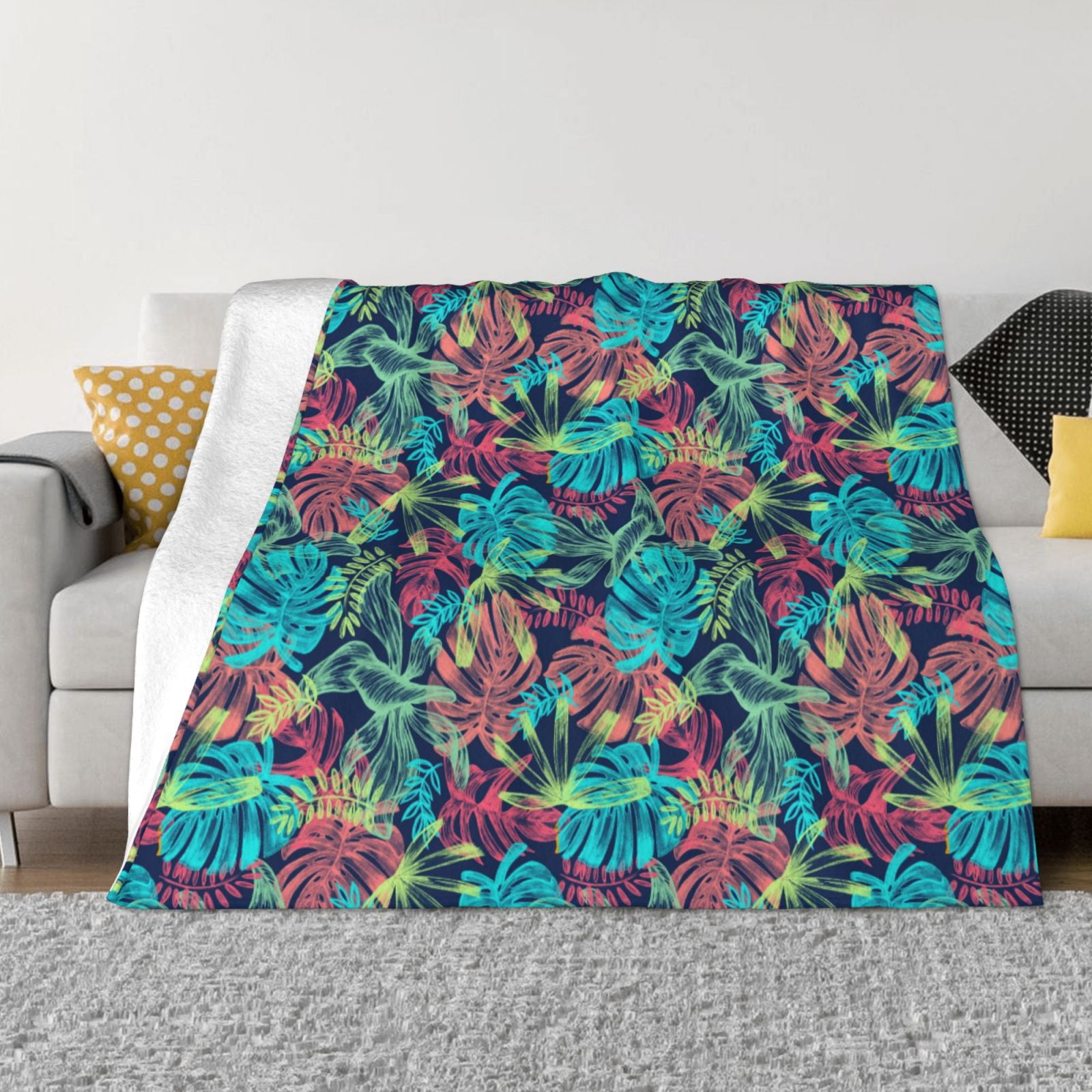 XMXT Throw Blanket, Green Tropical Plant Print Machine Washable