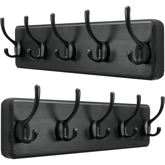 GFDYREE Rustic Wall Mounted Coat Rack, Case of 2, Pine Real Wood Plank Wall Coat Rack with 5 Hooks, Farmhouse Coat Hanger Wall Mount for Hanging Backpack Jacket Coat Hat