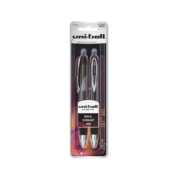 Uniball 207 Bolígrafo de gel retráctil, punta micro, 0,5 mm, tinta negra, 2 unidades