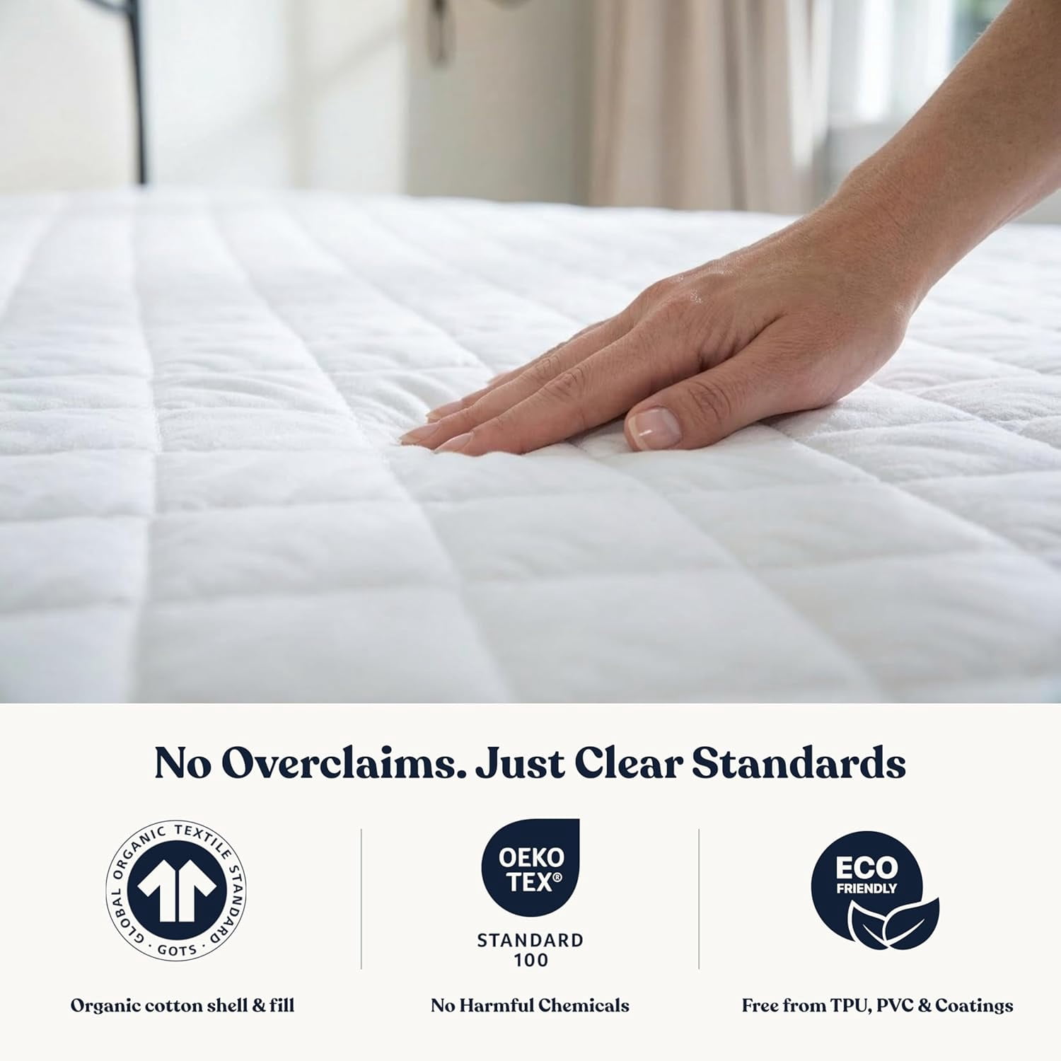 Delara Quilted Cotton Mattress Pad Cover, 100% GOTS Certified Organic Cotton Shell & Fill, 400TC, 300 GSM, 0.25" Cushioned Protection, Breathable, Machine Washable, Deep Pocket 18" - Queen 60"×80"