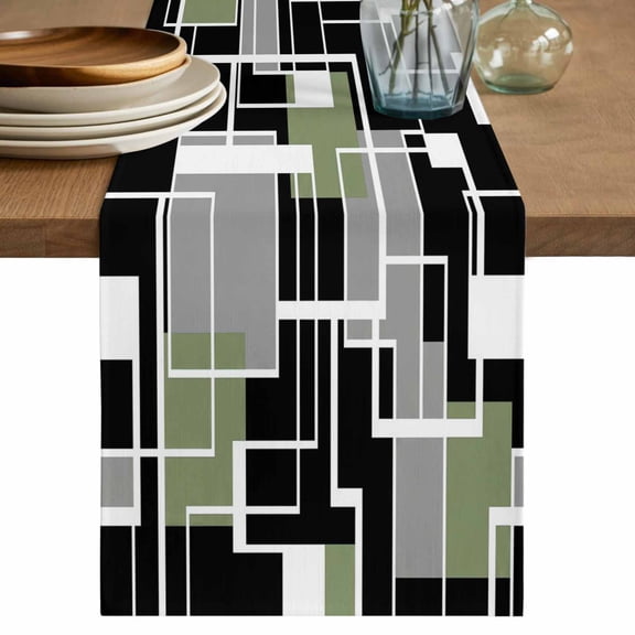 Sage Green Black Geometric Table Runner, Modern Abstract Art Block Washable Cotton Linen Table Runners 48 Inches Long, Dresser Scarf Runner for Nightstand/Coffee/End Tables 13''x48''