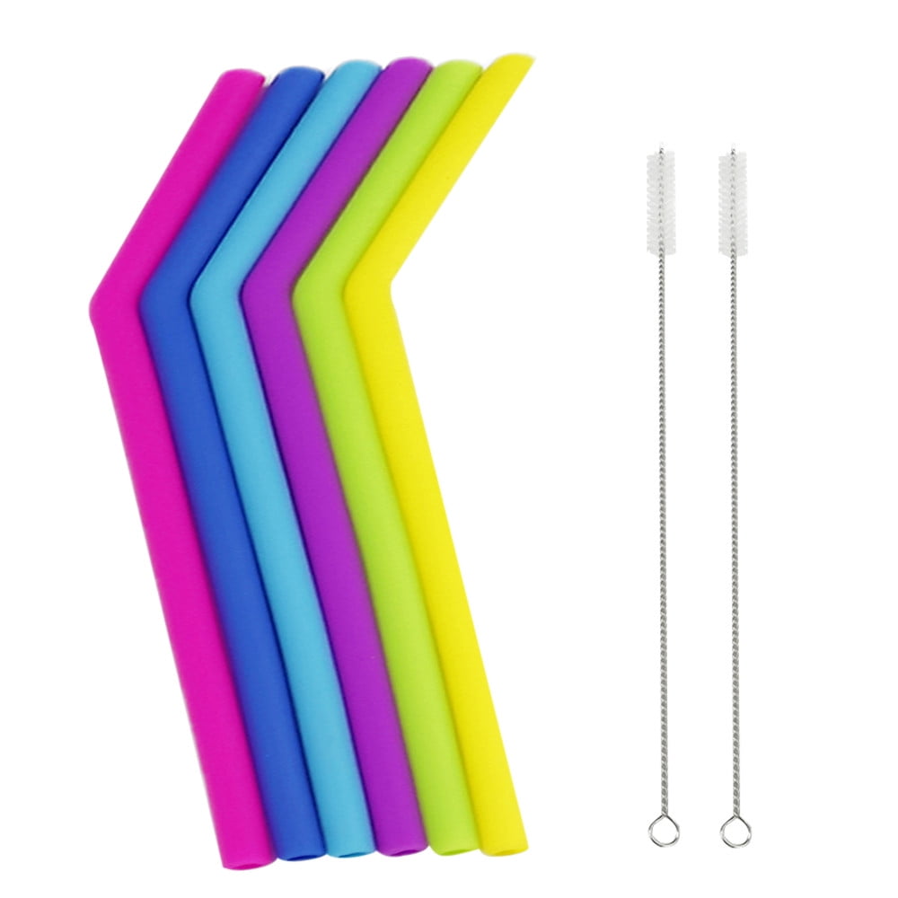 6 Pcs Silicone Durable Flexible&Reuseable Smoothie Straws w 2xCleaning Brushes 