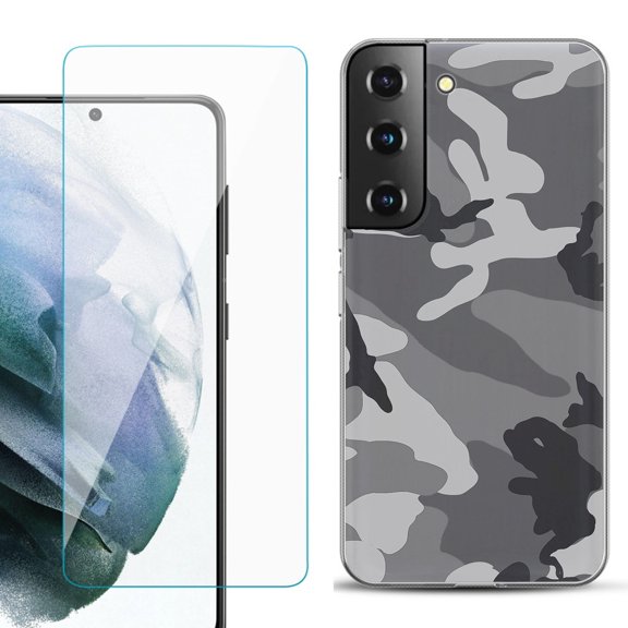Slim-Fit TPU Fashion Phone Case for Samsung Galaxy S22 5G, with Tempered Glass Screen Protector, by OneToughShield ® - Camo B/W
