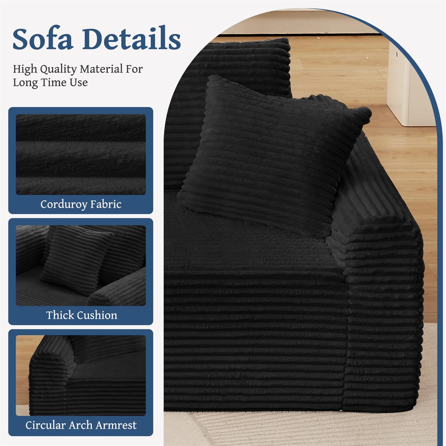 Demi Bonn 103" Cozy Corduroy Sectional Sofa with Arched Armrests, Non-Slip Base, 3 Back Cushions and 2 Throw Pillows, Full-Compression Chaise Lounge Couch Set, Black