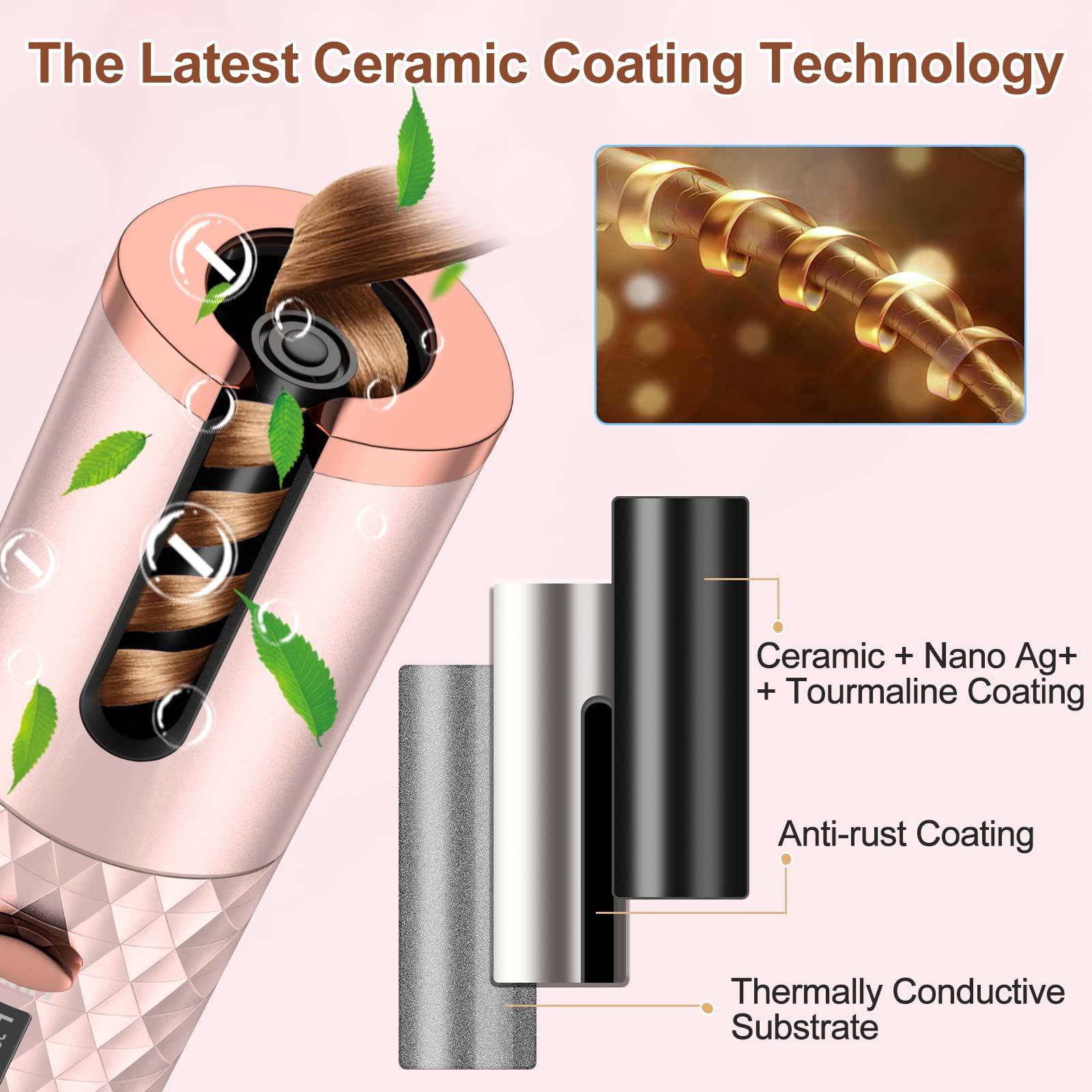 Automatic Curling Iron, Emlimny Cordless Hair Curlers with Adjustable Temps & Timers, Ceramic Barrel Auto Wave Wand, Portable Rotating Curling Wand Hair Styling Tool for Travel