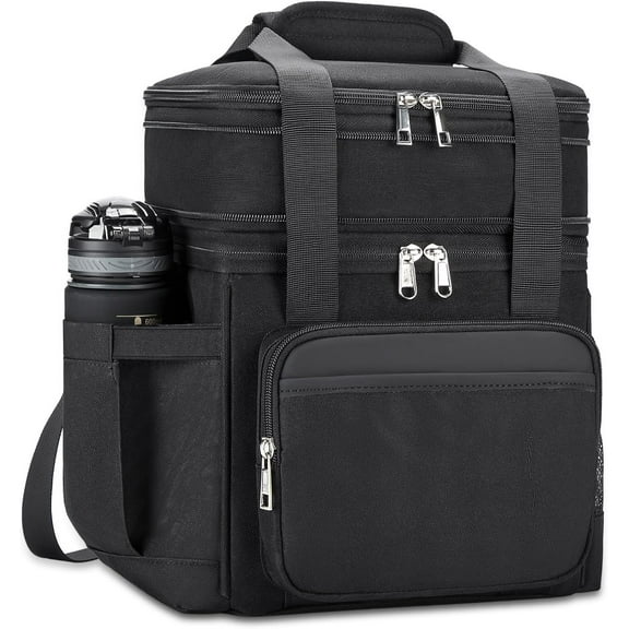 Insulated Lunch Bag & Lunch Box for Men - Double Deck Reusable Lunch Bag for Women Tote Cooler Bag Leakproof Soft Expandable - Large Lunchbox for Work/Adult/Picnic/Outdoor (Black,15L)