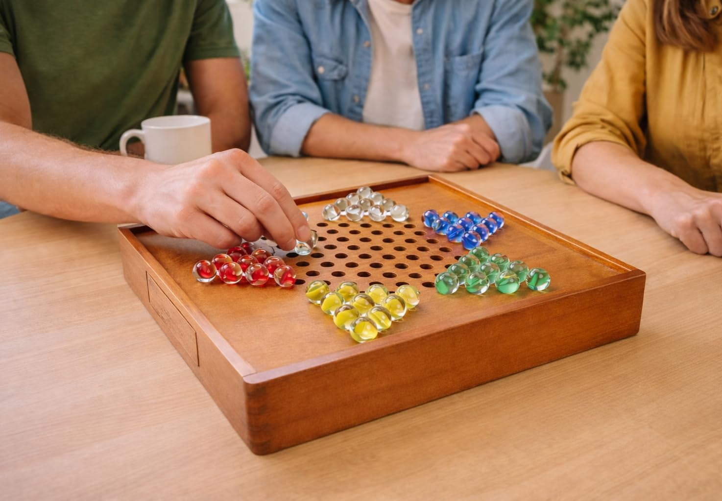 2 in 1 Chinese Checkers and Checkers 12” Golden Wooden Board with Storage Drawer & 60 Colorful Glass Marbles, Classic, Competitive, Strategy Games, Deluxe Checkers and Chinese Checkers Board Game Set