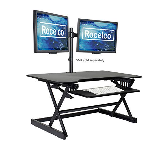 Rocelco 38 Pouces Grand Convertisseur de Bureau Debout à Hauteur Réglable - Surélévateur Rapide Assis-Debout pour Deux Moniteurs - Poste de Travail d'Ordinateur avec Vérin à Gaz - Plateau de Clavier Rétractable - Noir (R DADRB-38)